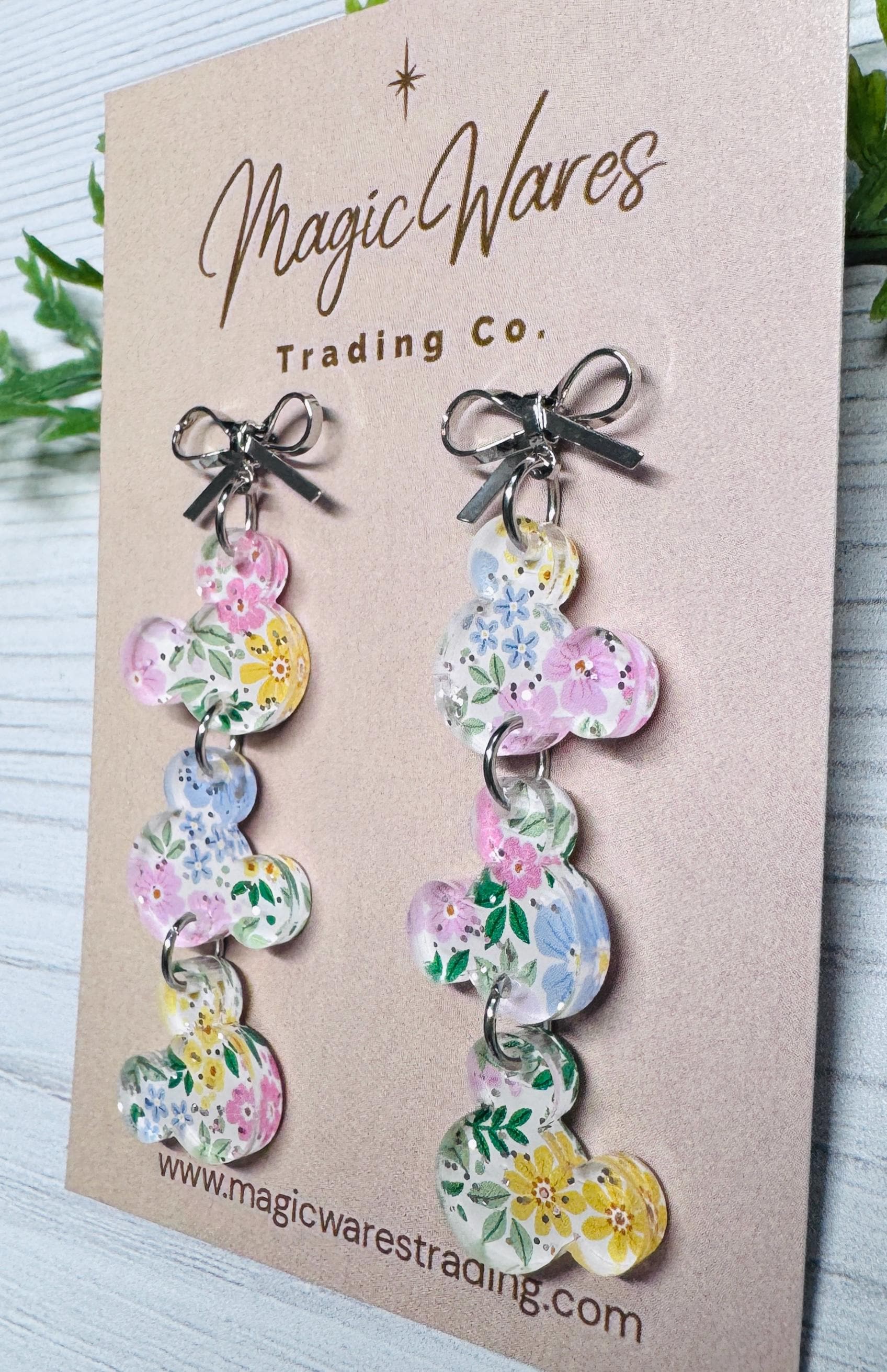 Fairy Glitter Floral Mouse Gems Dangle Earrings: Silver Stainless Steel Bow Studs
