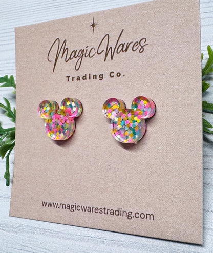 Summer Confetti Glitter Stud Earrings: Laser Cut Acrylic, stainless steel Pierced Earlobe studs