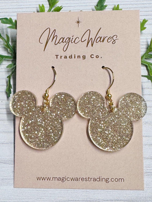 Champagne Gold Glitter Mouse head Dangle Earrings, NEW smaller size available, Laser cut Lightweight Acrylic