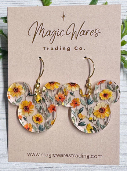 Sunshine Blooms Mouse Dangle Earrings, Yellow Floral Acrylic, Flower and Garden