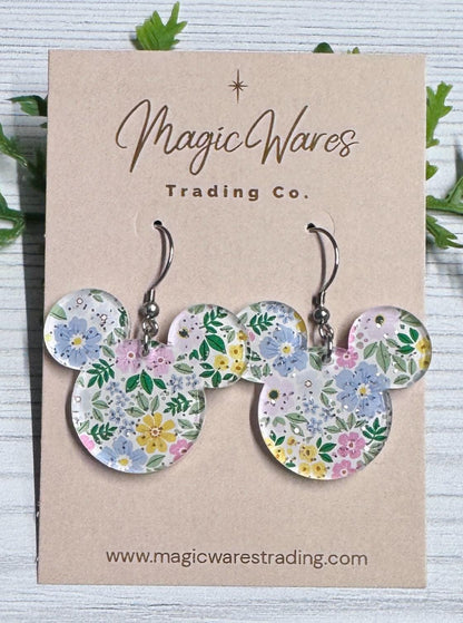 Fairy Glitter Floral Mouse Dangle Earrings, Laser cut Floral acrylic, Flower and Garden Festival