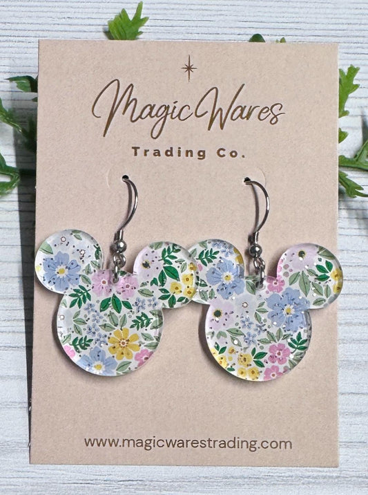Fairy Glitter Floral Mouse Dangle Earrings, Laser cut Floral acrylic, Flower and Garden Festival