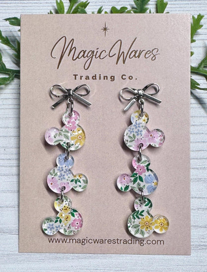 Fairy Glitter Floral Mouse Gems Dangle Earrings: Silver Stainless Steel Bow Studs