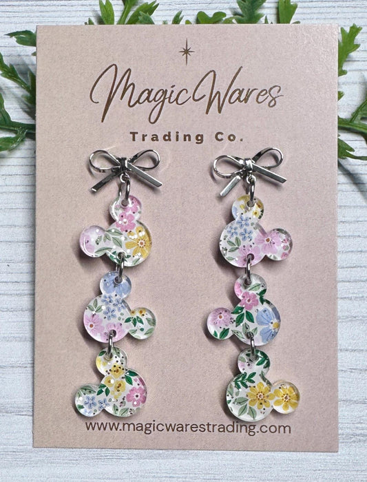 Fairy Glitter Floral Mouse Gems Dangle Earrings: Silver Stainless Steel Bow Studs