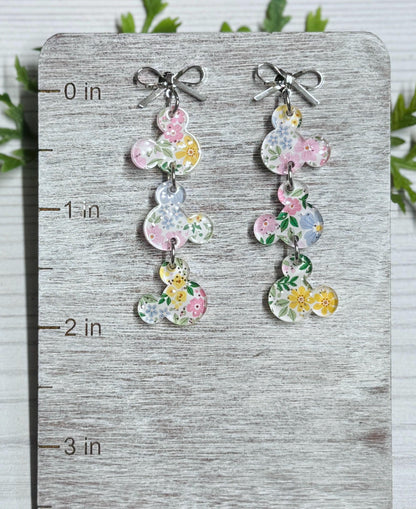 Fairy Glitter Floral Mouse Gems Dangle Earrings: Silver Stainless Steel Bow Studs
