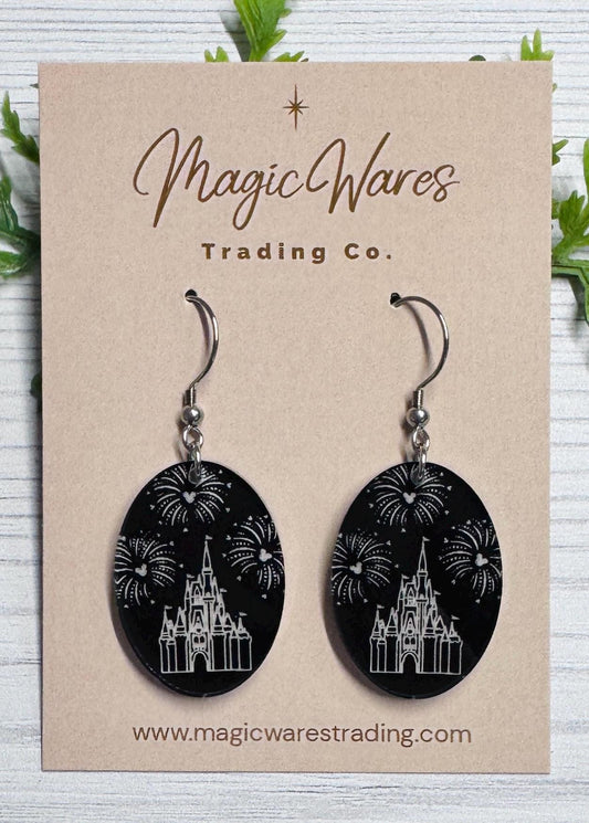 Castle and Fireworks Oval Dangle Earrings: Engraved Acrylic, Surgical Stainless Steel hooks