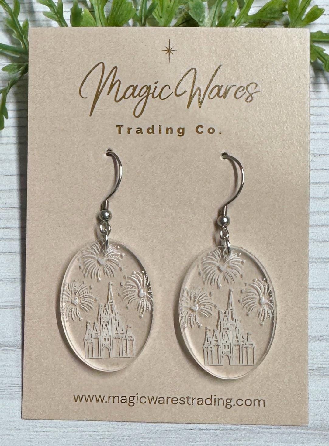 Castle and Fireworks Oval Dangle Earrings: Engraved Acrylic, Surgical Stainless Steel hooks