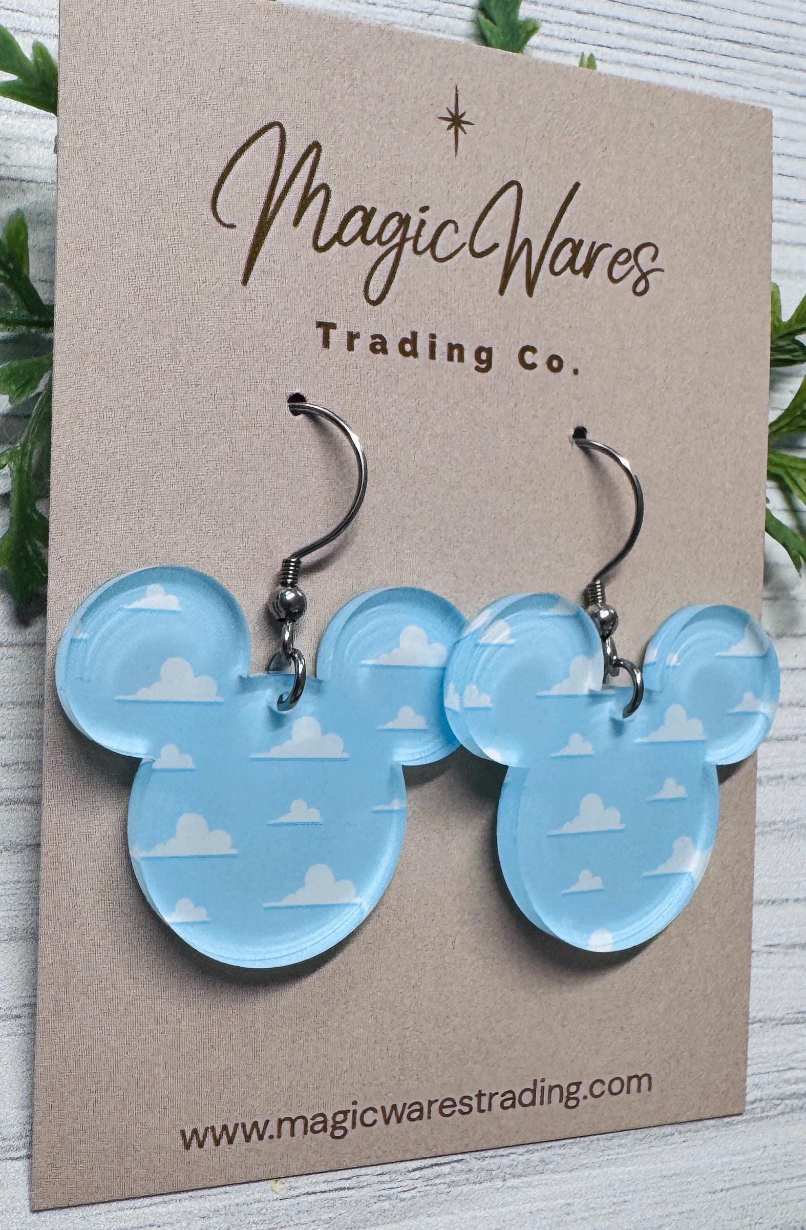Cloudy Mouse Acrylic Earrings, Toy Story Cloud Wallpaper inspired dangle earrings