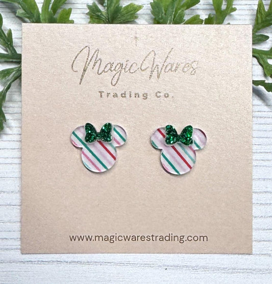 Pastel Candy Cane Stripe Mouse Head Stud Earrings: Green Glitter Bow, Clip-ons available
