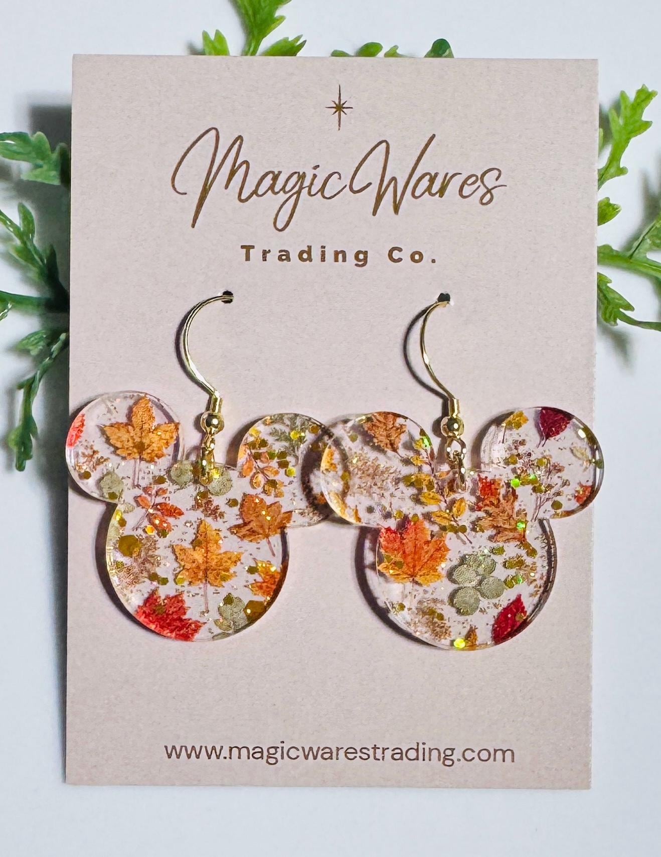 Pressed Leaves Mouse Head Dangles, Laser Cut Fall patterned Crystal Acrylic Earrings