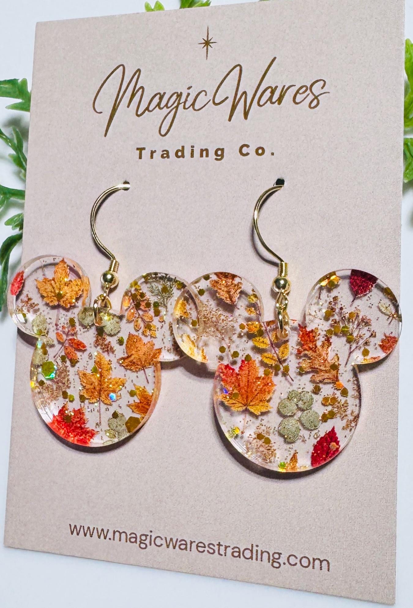 Pressed Leaves Mouse Head Dangles, Laser Cut Fall patterned Crystal Acrylic Earrings