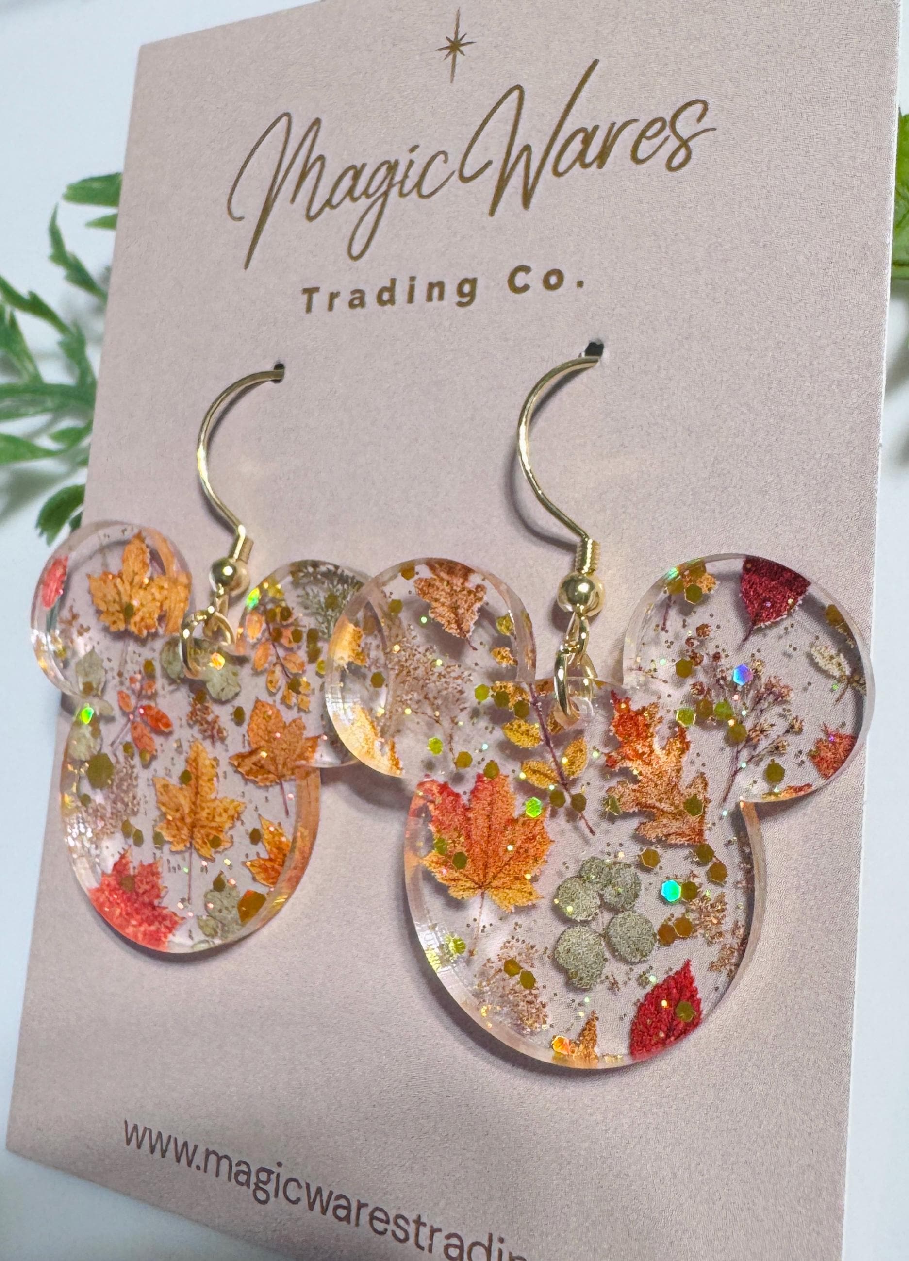Pressed Leaves Mouse Head Dangles, Laser Cut Fall patterned Crystal Acrylic Earrings