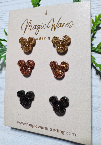 Fall Glitter Mouse Stud Trio, Gold, Copper and Brown Glitter earrings