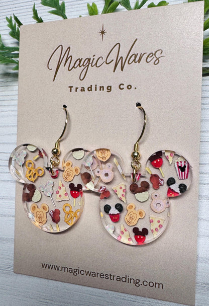 Snacks Mouse Laser Cut Dangle Earrings, Parks snacks clear patterned acrylic earrings