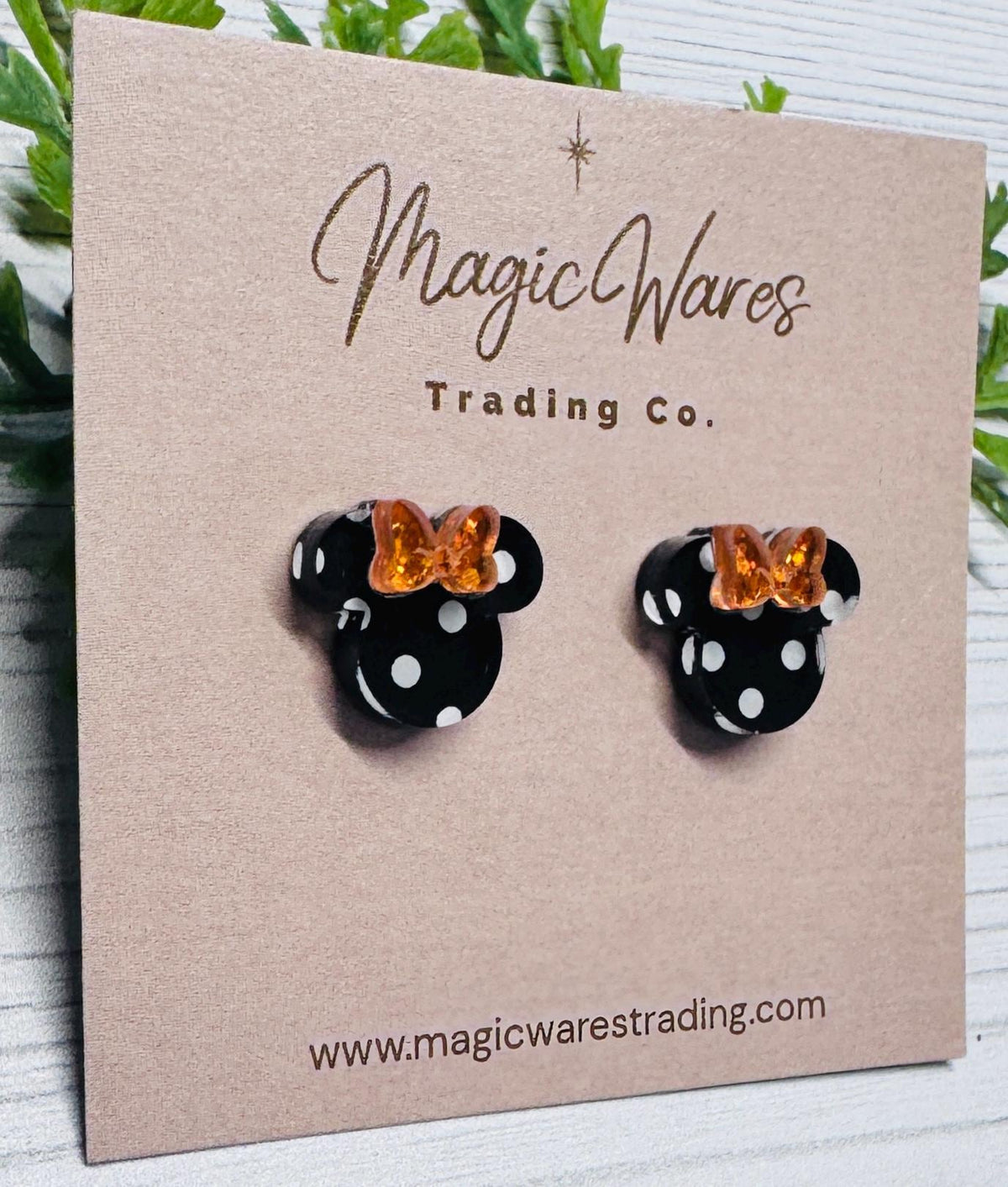 Black Polka Dot Stud with Pumpkin Sparkle Bow Mouse Head Earrings, Clip ons available