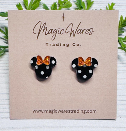Black Polka Dot Stud with Pumpkin Sparkle Bow Mouse Head Earrings, Clip ons available