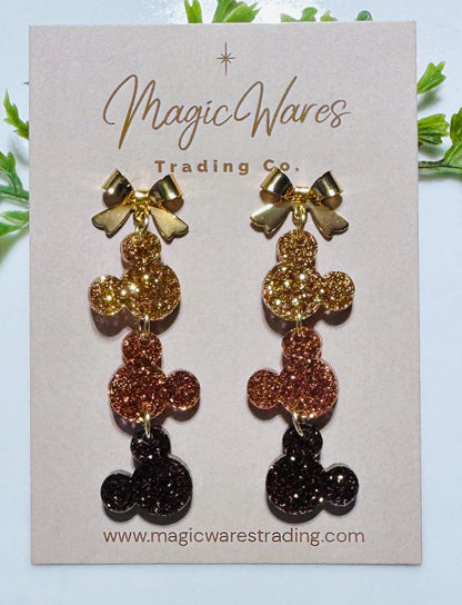 Fall Glitter Mouse Head Dangle Earrings: Gold Stainless Steel Bow Posts