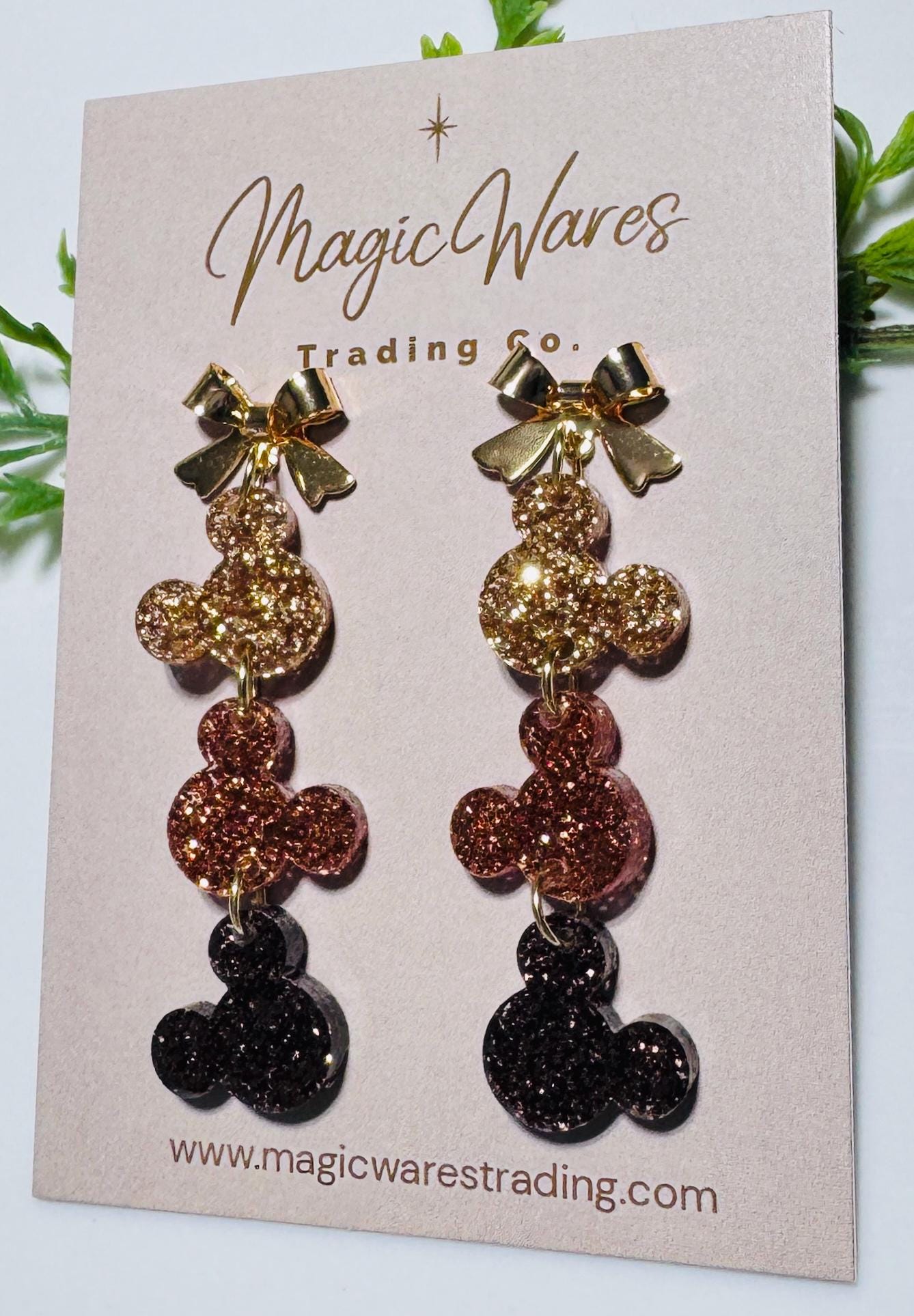 Fall Glitter Mouse Head Dangle Earrings: Gold Stainless Steel Bow Posts