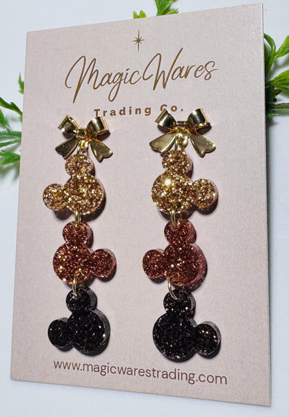 Fall Glitter Mouse Head Dangle Earrings: Gold Stainless Steel Bow Posts