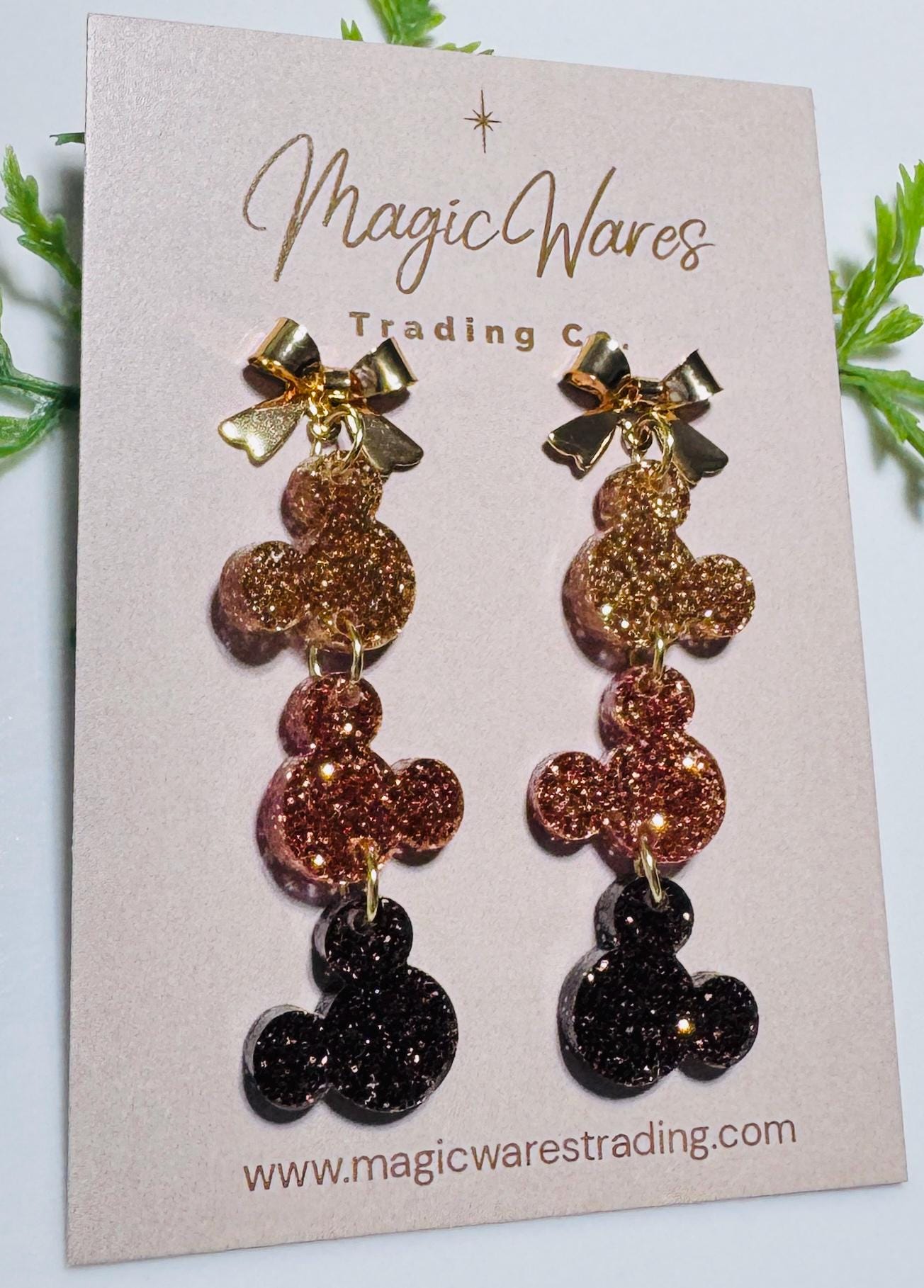 Fall Glitter Mouse Head Dangle Earrings: Gold Stainless Steel Bow Posts