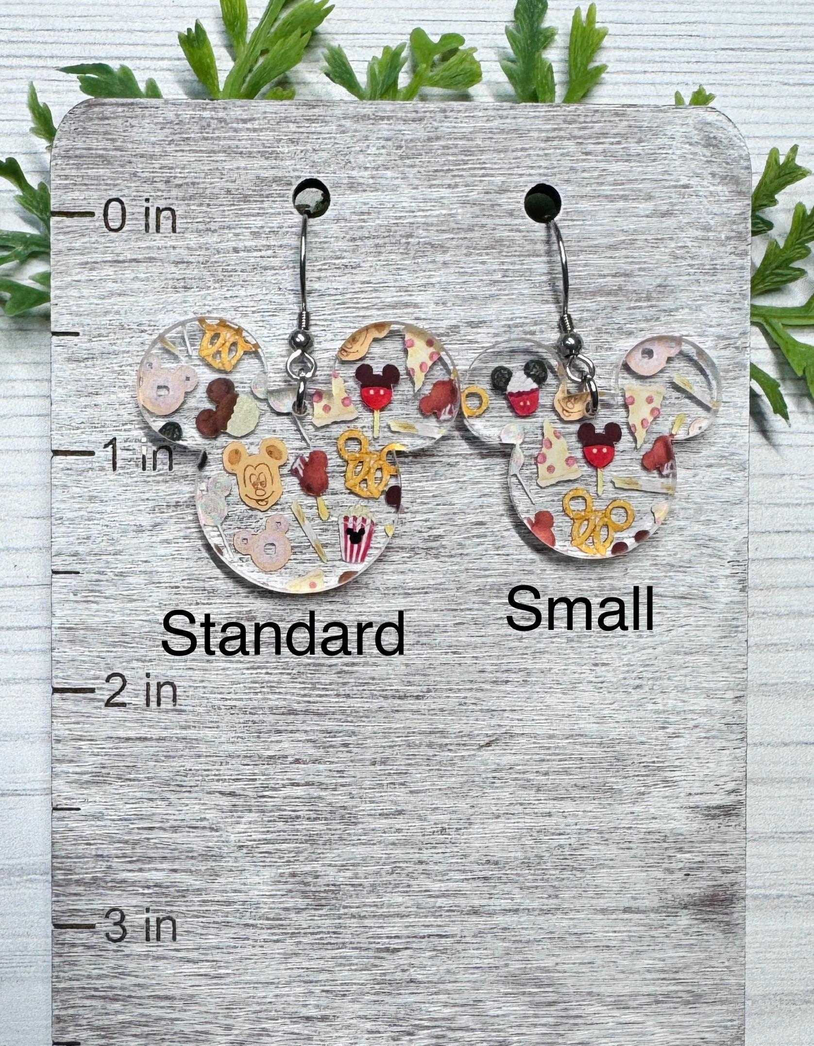 Snacks Mouse Laser Cut Dangle Earrings, Parks snacks clear patterned acrylic earrings