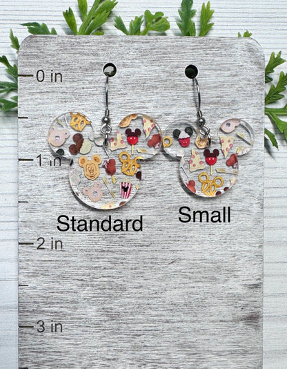 Snacks Mouse Laser Cut Dangle Earrings, Parks snacks clear patterned acrylic earrings