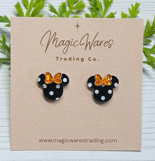 Black Polka Dot Stud with Pumpkin Sparkle Bow Mouse Head Earrings, Clip ons available