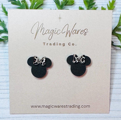 Leopard Bow Mouse Stud Earrings, Stainless Steel Posts, Clip ons available