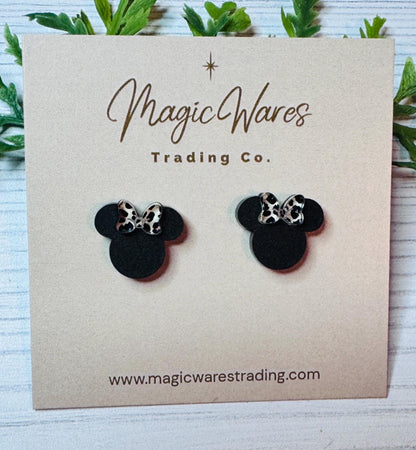Leopard Bow Mouse Stud Earrings, Stainless Steel Posts, Clip ons available