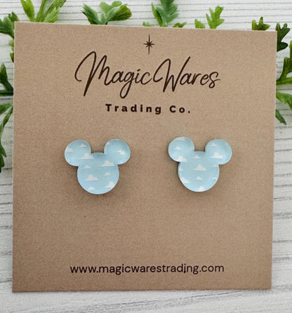 Andys Clouds Mouse Stud Earrings, Stainless Steel Hypoallergenic, Clip ons available