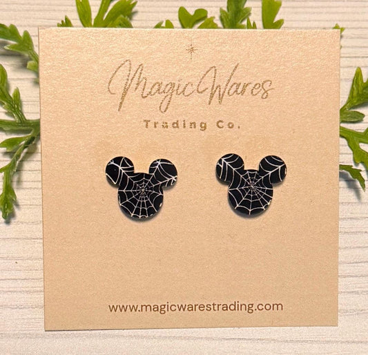Spiderweb Mouse Head Stud Earrings, Stainless Steel Posts, Clip ons available