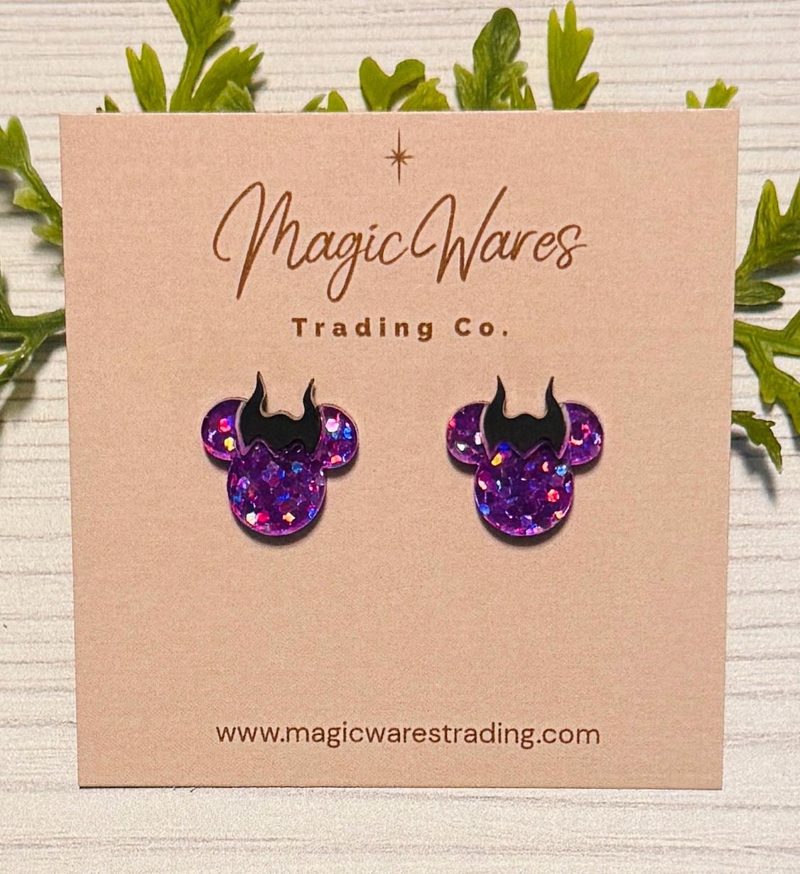 Mistress of Evil Studs, Purple glitter earrings, Maleficent Inspired, Clip-ons available