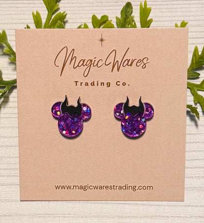 Mistress of Evil Studs, Purple glitter earrings, Maleficent Inspired, Clip-ons available
