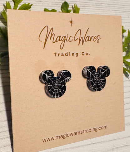 Spiderweb Mouse Head Stud Earrings, Stainless Steel Posts, Clip ons available