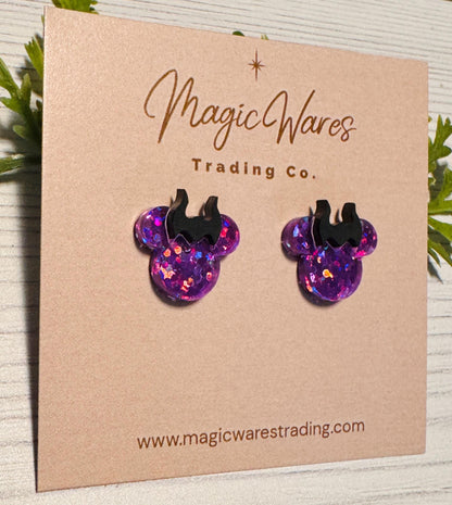 Mistress of Evil Studs, Purple glitter earrings, Maleficent Inspired, Clip-ons available