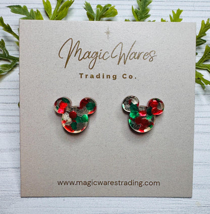 Christmas Chunky Glitter Mouse Stud Earrings: Laser Cut Acrylic with stainless steel posts