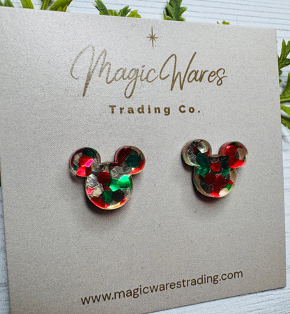 Christmas Chunky Glitter Mouse Stud Earrings: Laser Cut Acrylic with stainless steel posts