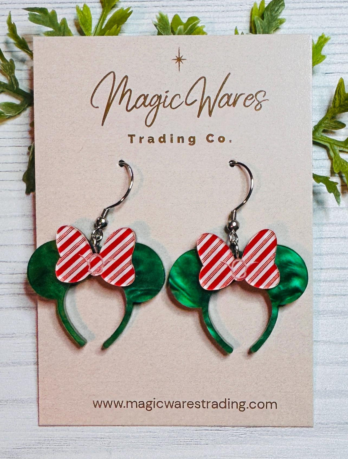 Green Pearl Minnie Ears Dangle Earrings, Candy Cane Stripe Bow