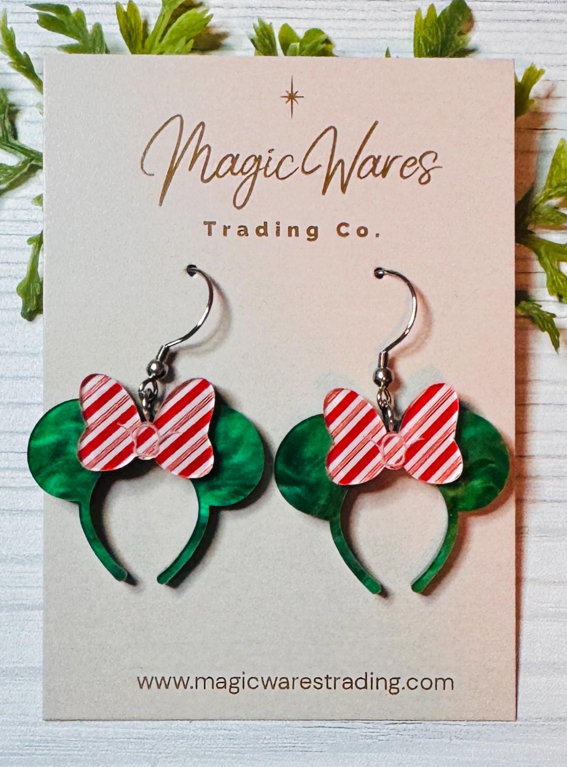 Green Pearl Minnie Ears Dangle Earrings, Candy Cane Stripe Bow