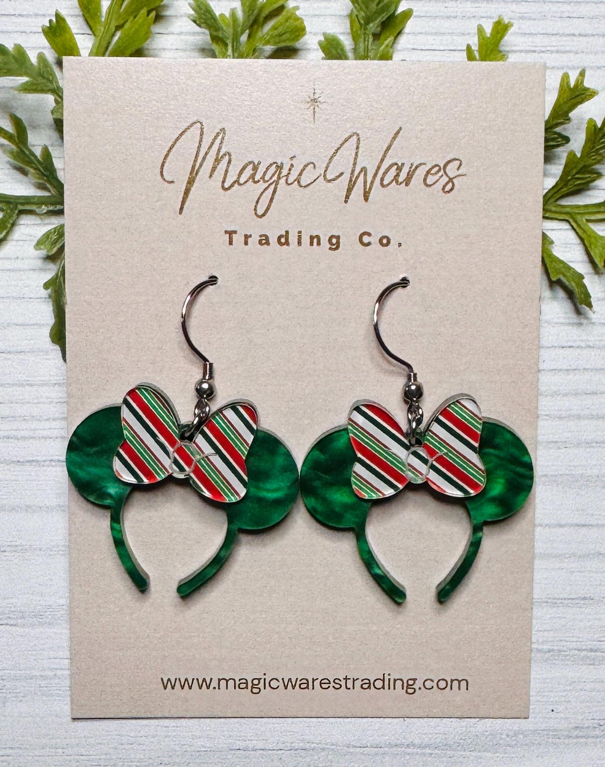 Candy stripe and Green Pearl Minnie Ears Dangle Earrings
