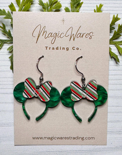 Candy stripe and Green Pearl Minnie Ears Dangle Earrings