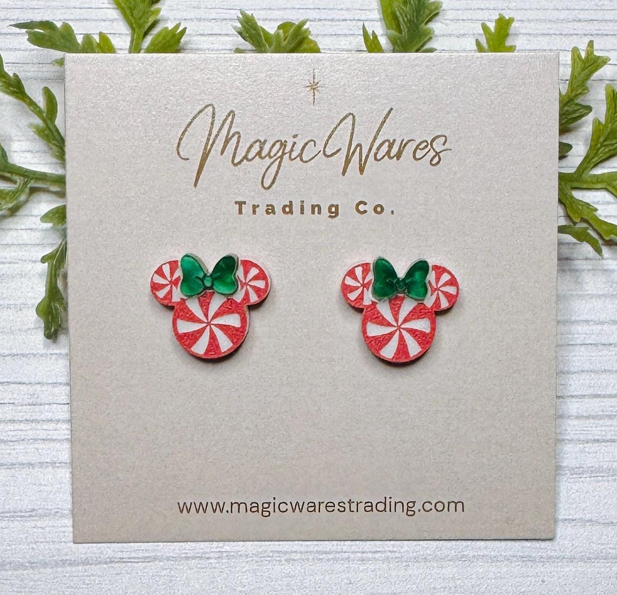 Peppermint Candy Mouse Head Stud Earrings: Green Pearl Bow, Clip-ons available